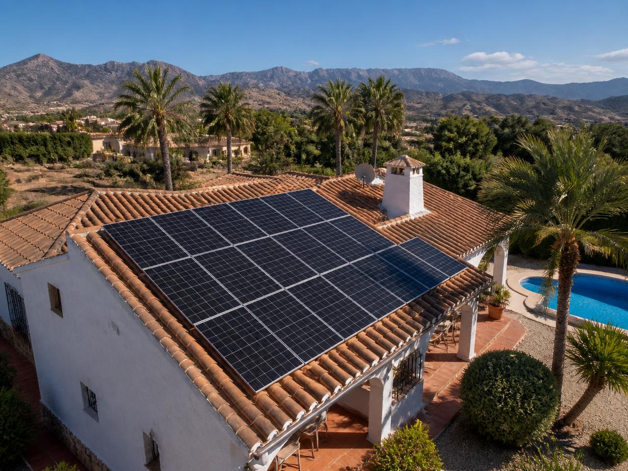 Solar panels installed on a villa roof in Camposol